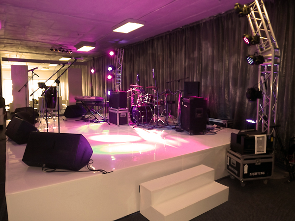 stage sound and lighting setup and urban tree for a wedding royale