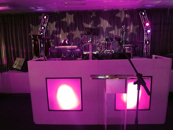 stage sound and lighting setup and urban tree for a wedding royale